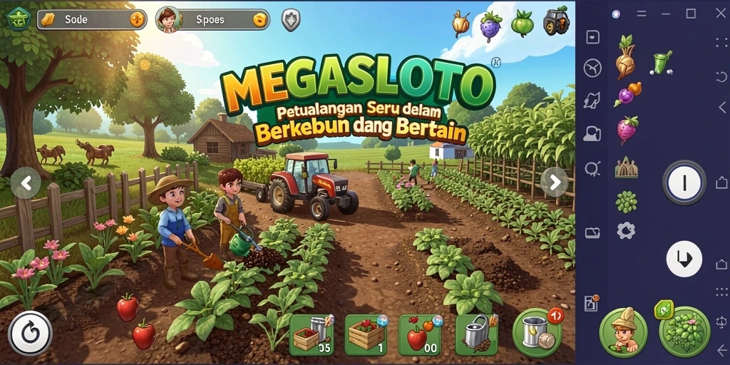 Tampilan menarik gameplay <strong>MEGASLOTO</strong> saat menanam dan memanen tanaman.