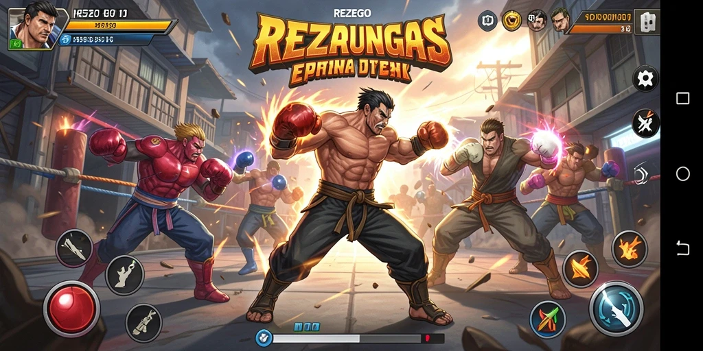 Screenshot gameplay REZEGO dengan pertarungan intens dan karakter yang dinamis.