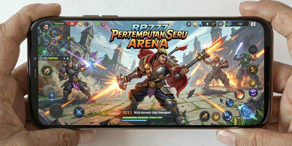 Tampilan gameplay RP777 dengan aksi pertempuran MOBA yang menegangkan.